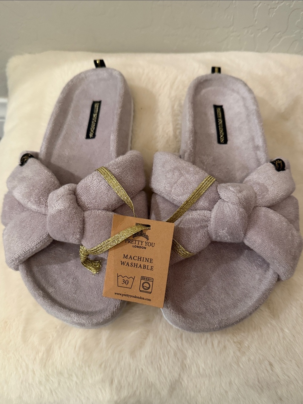 Lavender Knot-Tie Plush Slide Slippers